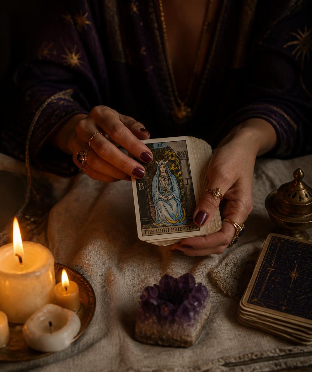 Antoniya, tarot reader in Brighton, holding a tarot deck by candlelight